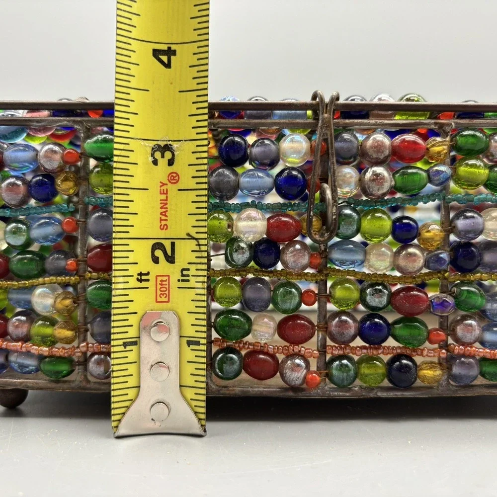 Vintage‎ Glass Beaded Metal Jewelry Box Copper Color Boho Retro